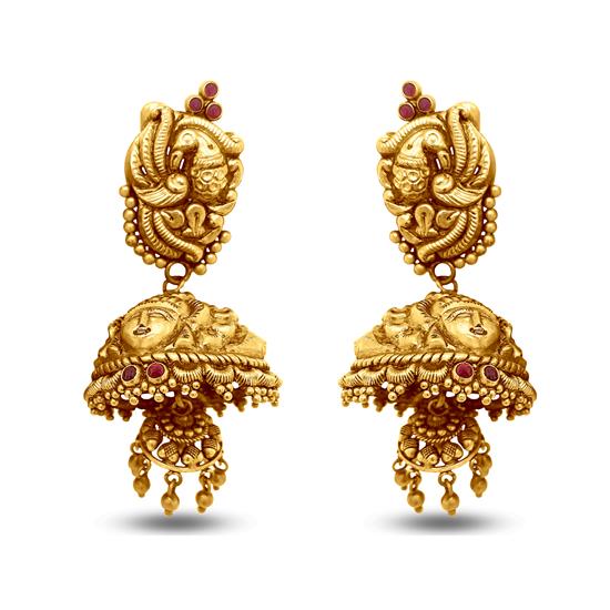 Temple Jhumka Earrings In 22K Gold With Enamel