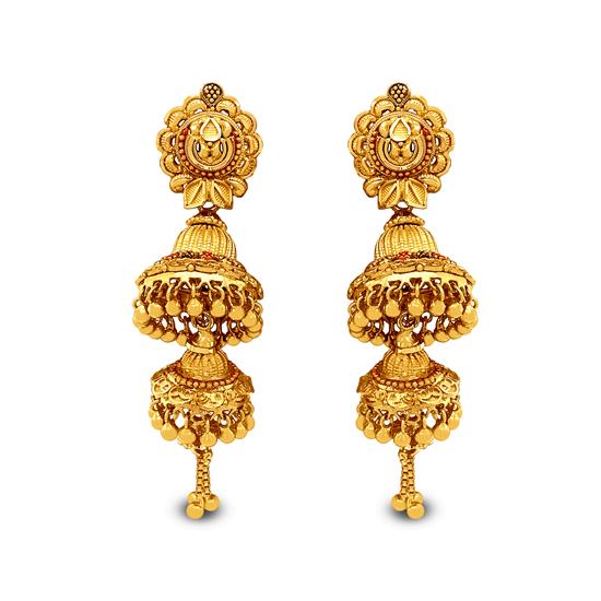 Dual Jhumka Drop Earrings In 22K Gold