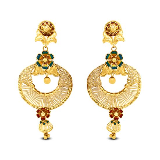 Floral Chandbali Earrings In 22K Gold With Enamel