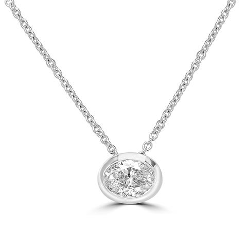 14K White Gold Oval Diamond Mini Pendant Necklace 