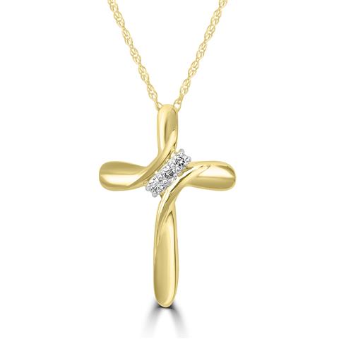 14K Yellow Gold Diamond Holy Cross Pendant Necklace 0.05 Ct